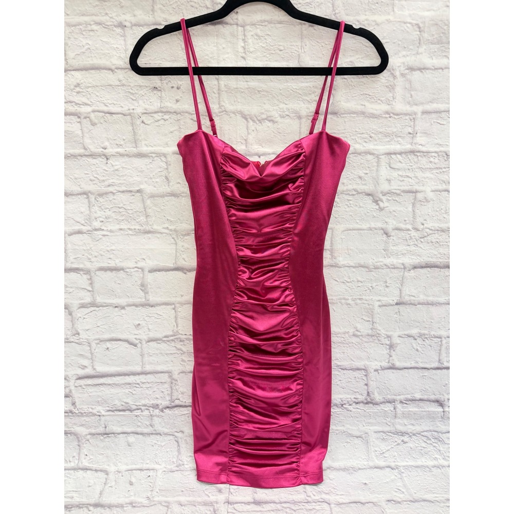 Nookie Tease Satin Mini Dress in Fuschia Bodycon Spaghetti Strap Sz M